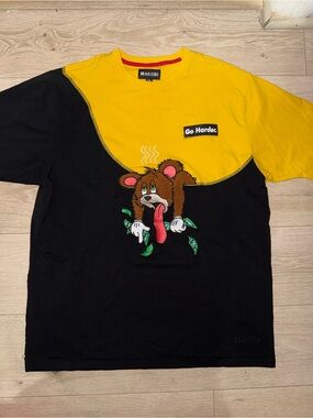 Makobi Jeans Black & Yellow Two-Tone "Go Harder" Tom and Jerry Embroidered Tee